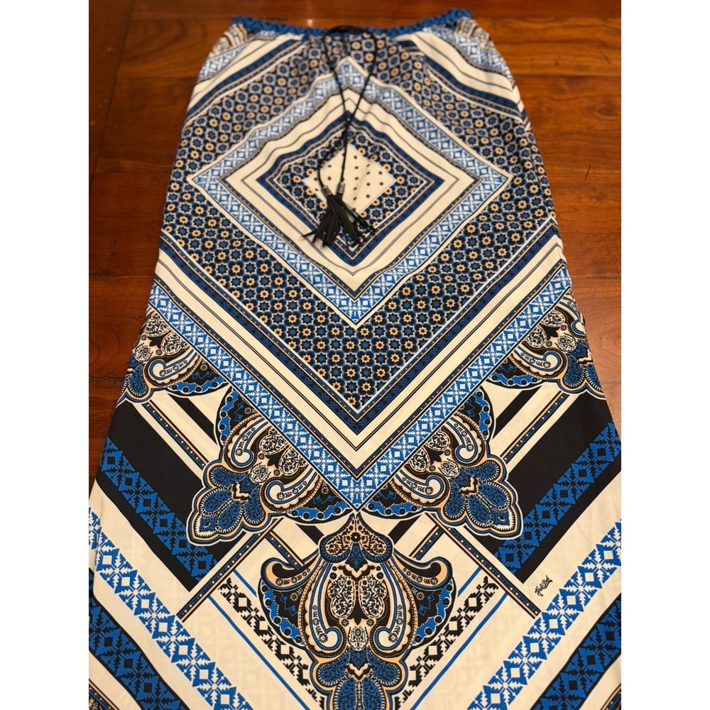 Hale Bob Blue Cream Geometric Tile Paisley Print Silk Blend Maxi Dress Tassel XS